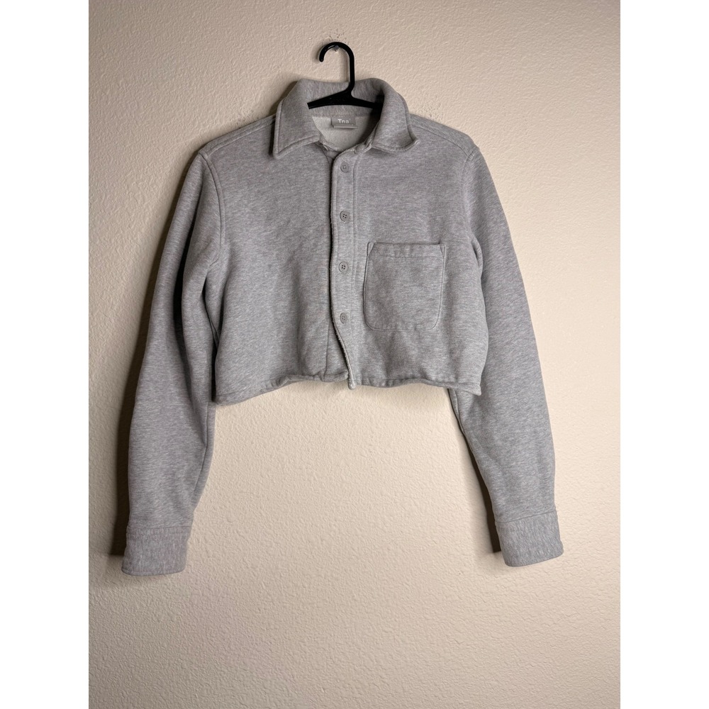 Aritzia Tna Cozy Fleece Boyfriend Cropped Button Up Shacket Heather Gray Sz XS